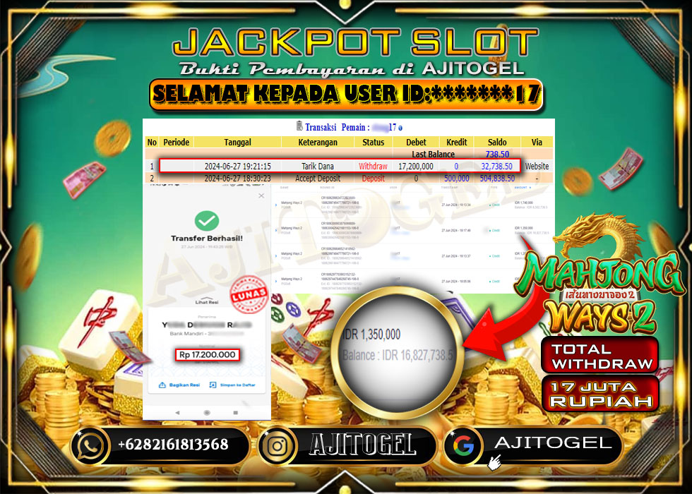 Bukti Bayar AJITOGEL Menang Slot Mahjong Ways2 17 Juta (PG SOFT) -Lunas