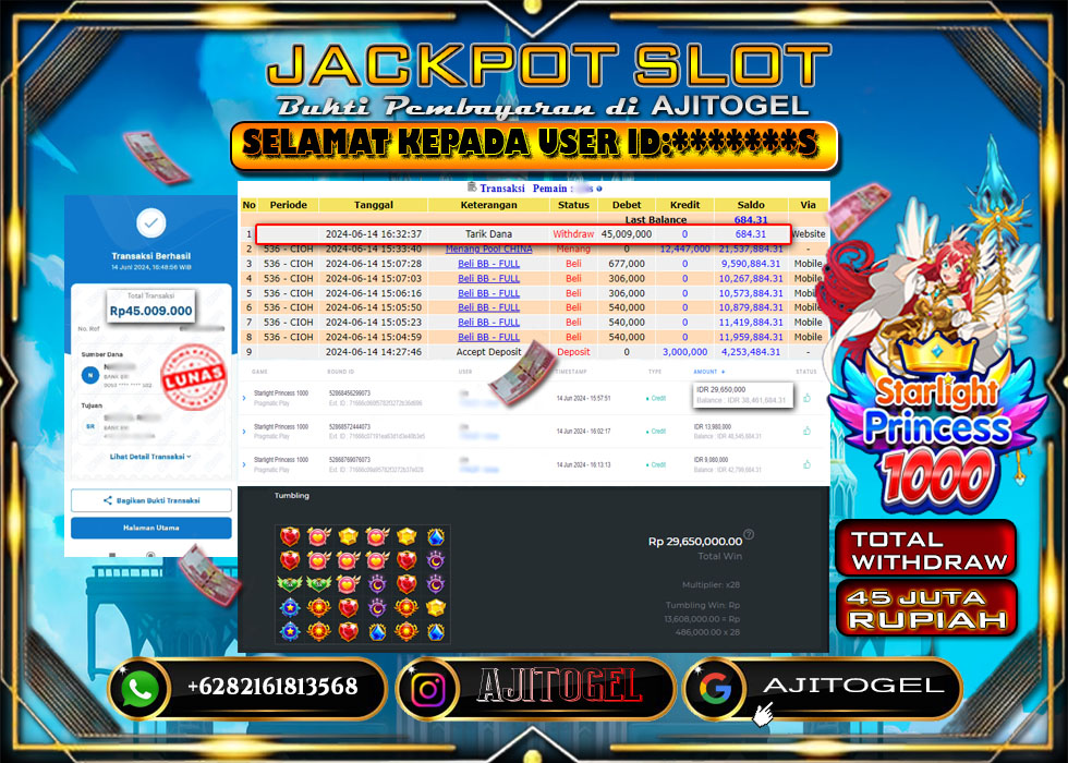 Bukti Bayar AJITOGEL Menang Slot STARLIGHT PRINCESS1000 45 Juta (Pragmatic Play) -Lunas