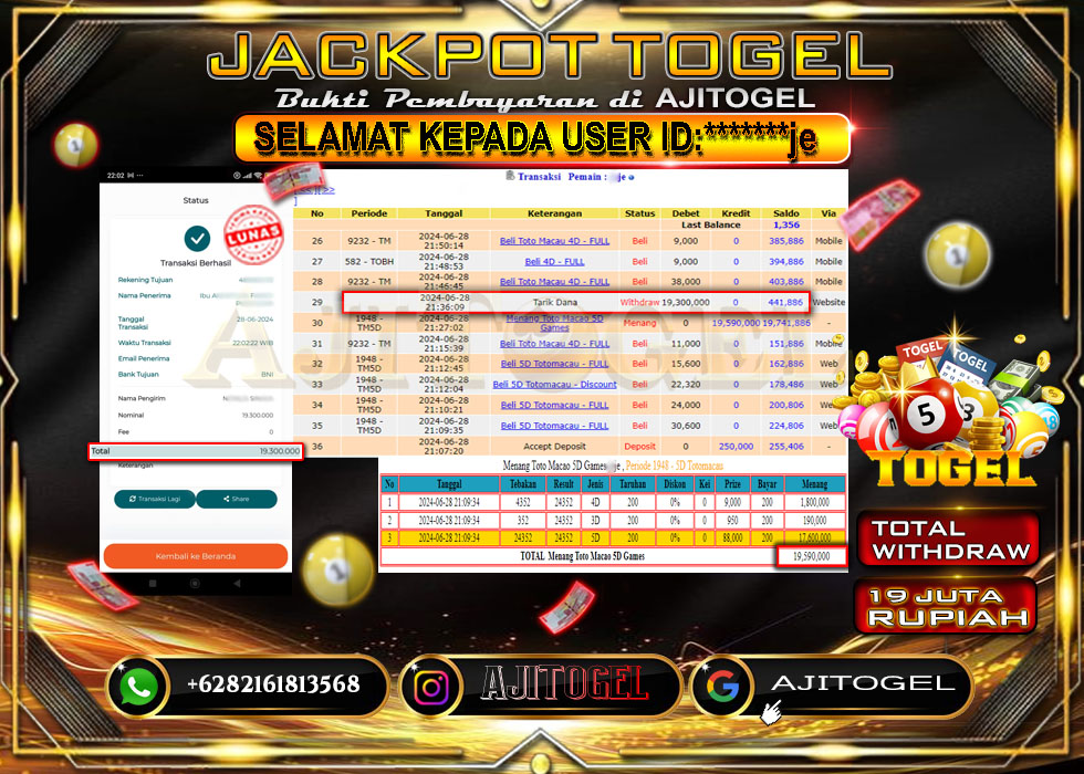 Bukti Bayar AJITOGEL Menang TOTO MACAU 5D 19 Juta (TOGEL) -Lunas