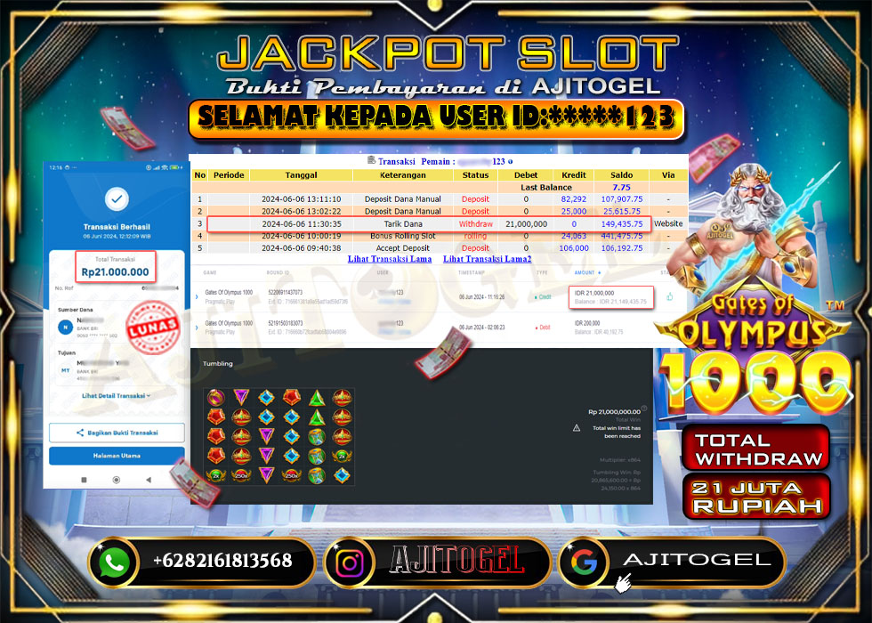 Bukti Bayar AJITOGEL Menang Slot GATES OF OLYMPUSH1000 21 Juta (Pragmatic Play) -Lunas