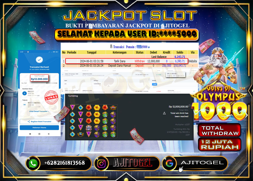 Bukti Bayar AJITOGEL Menang Slot GATES OF OLYMPUSH1000 38 Juta (Pragmatic Play) -Lunas