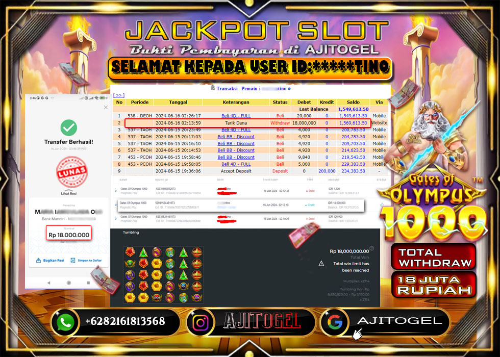 Bukti Bayar AJITOGEL Menang Slot GATES OF OLYMPUSH1000 18 Juta (Pragmatic Play) -Lunas