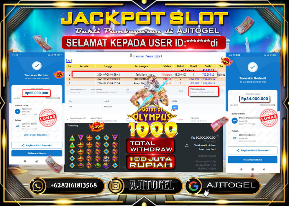 Bukti Bayar AJITOGEL Menang Slot GATES OF OLYMPUSH1000 89 Juta (Pragmatic Play) -Lunas