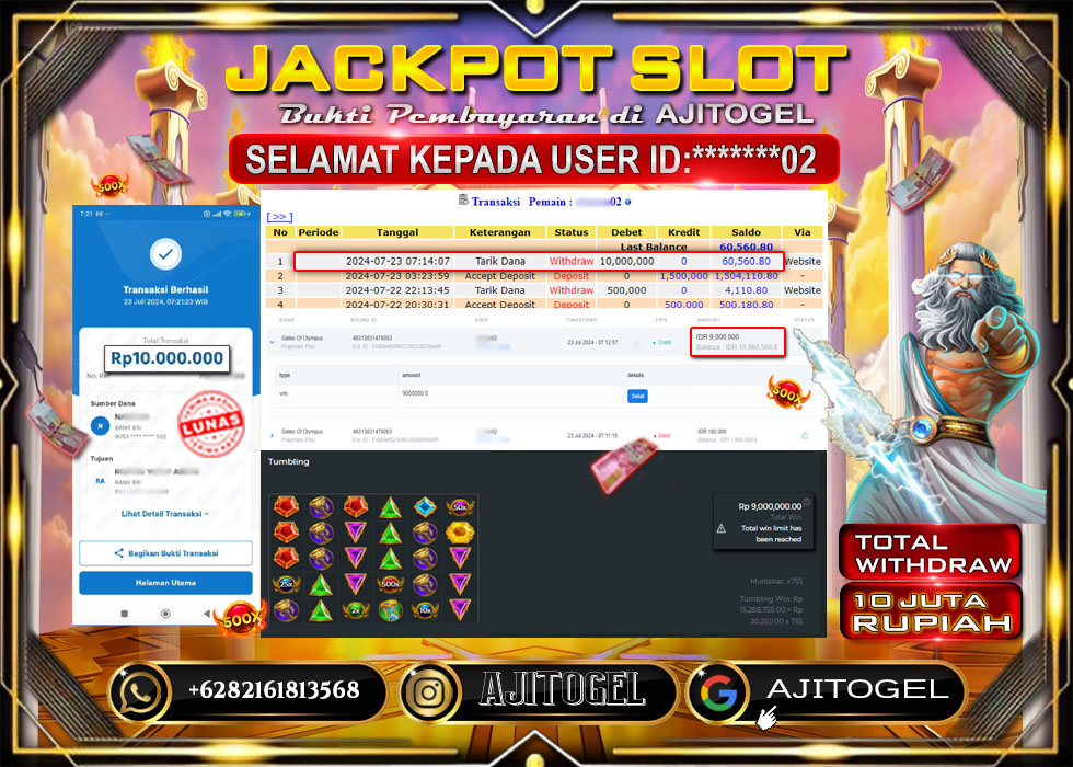 Bukti Bayar AJITOGEL Menang Slot GATES OF OLYMPUSH 10 Juta (Pragmatic Play) -Lunas