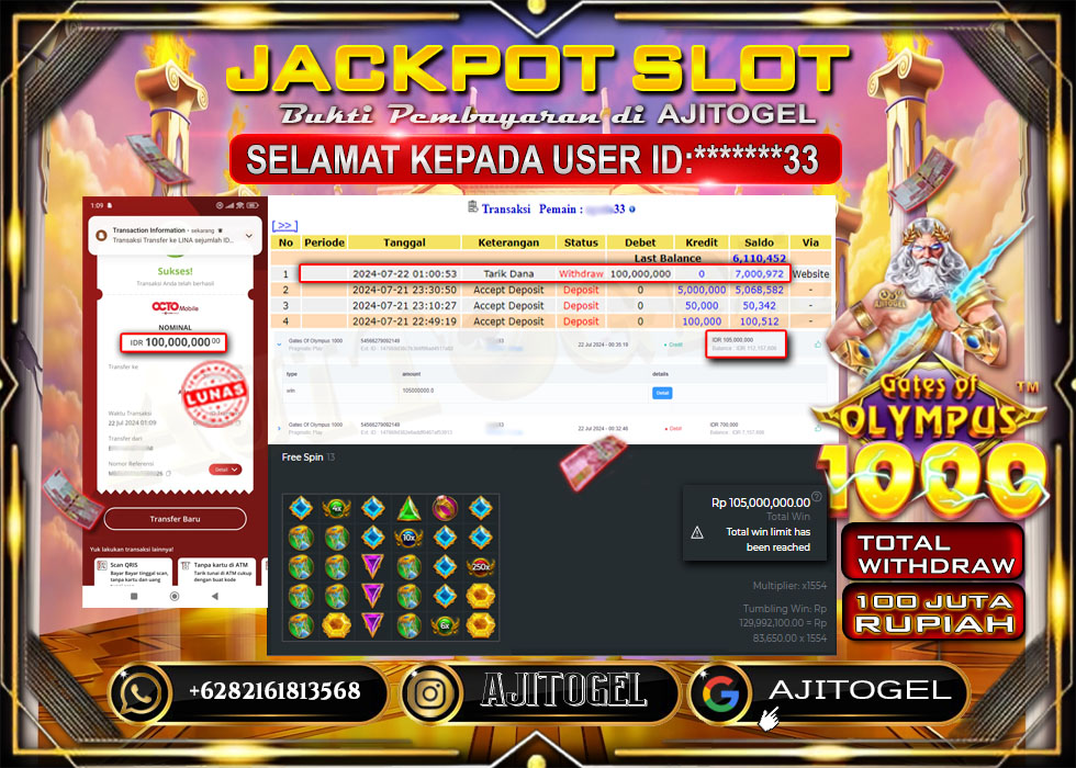 Bukti Bayar AJITOGEL Menang Slot GATES OF OLYMPUSH1000 100 Juta (Pragmatic Play) -Lunas