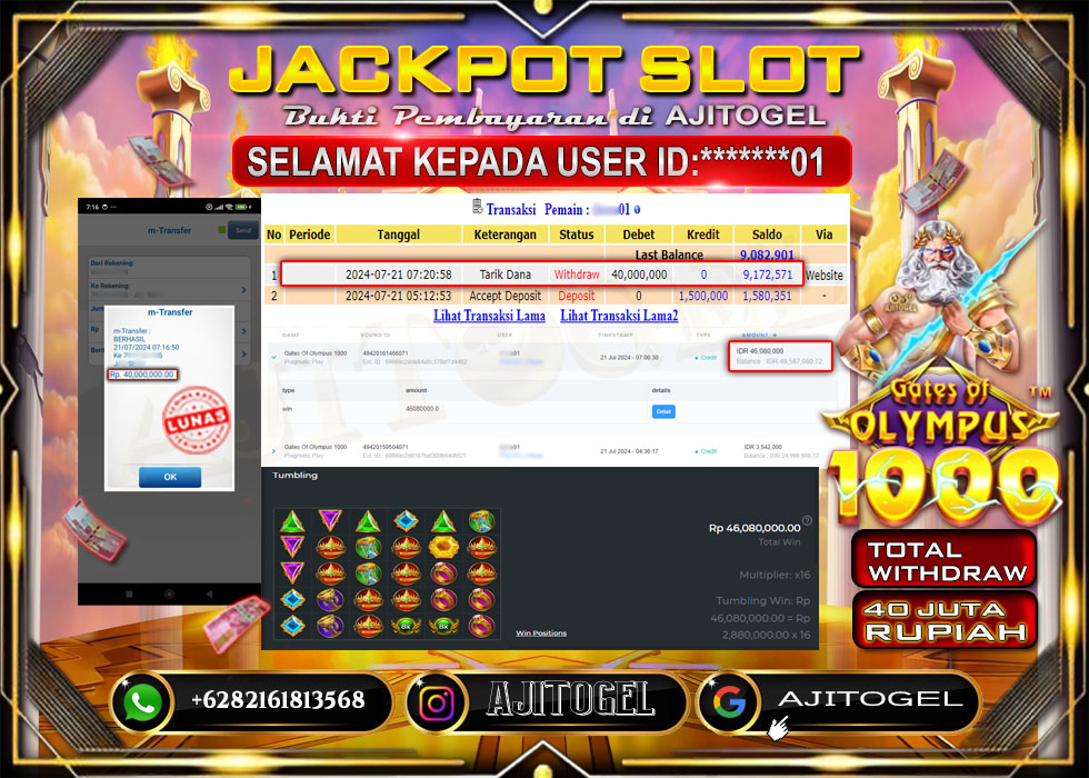 Bukti Bayar AJITOGEL Menang Slot GATES OF OLYMPUSH1000 40 Juta (Pragmatic Play) -Lunas