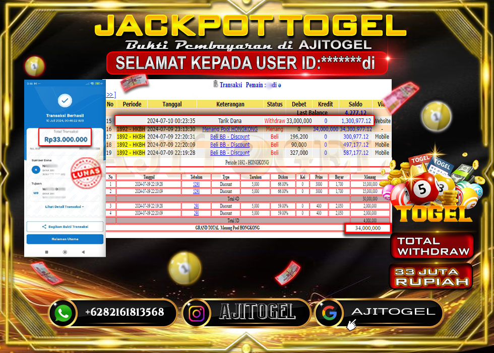 Bukti Bayar AJITOGEL Menang HONGKONG 33 JUTA (TOGEL) -Lunas