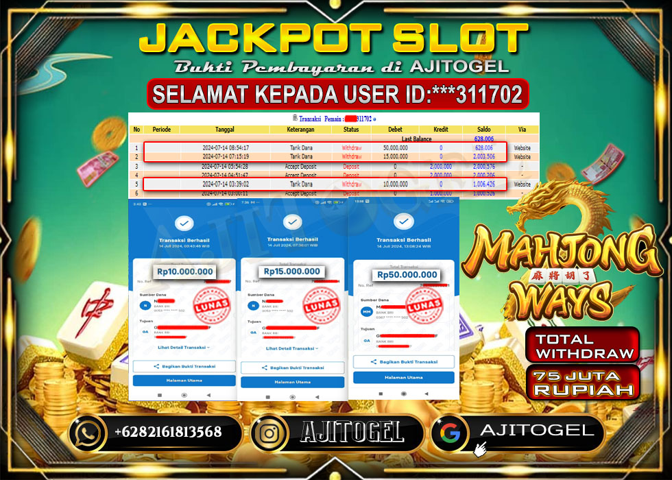 Bukti Bayar AJITOGEL Menang Slot Mahjong Ways 75 Juta (PG SOFT) -Lunas