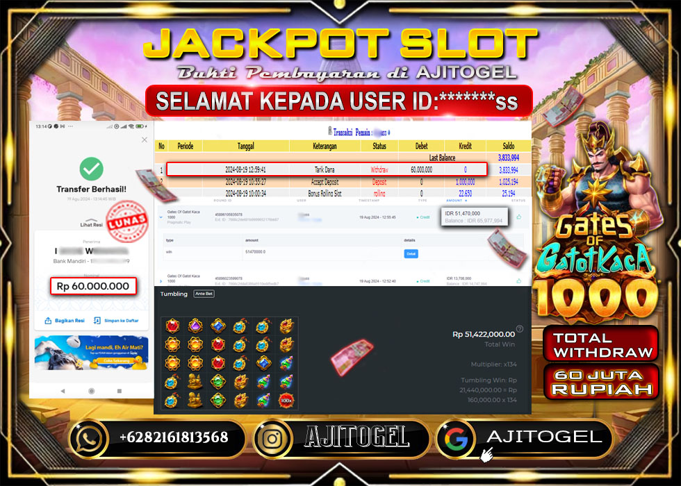 Bukti Bayar AJITOGEL Menang Slot GATES OF GATOTKACA1000 60Juta (Pragmatic Play) -Lunas