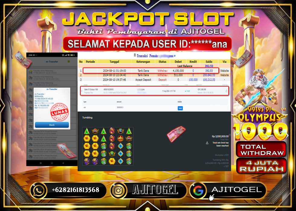 Bukti Bayar AJITOGEL Menang Slot GATES OF OLYMPUSH1000  4Juta (Pragmatic Play) -Lunas