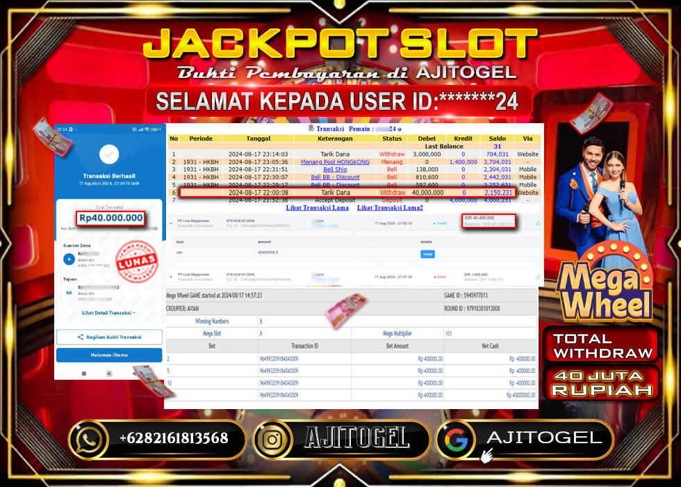 Bukti Bayar AJITOGEL Menang PP Live Megawheel 40Juta (Pragmatic Live Dealer) -Lunas