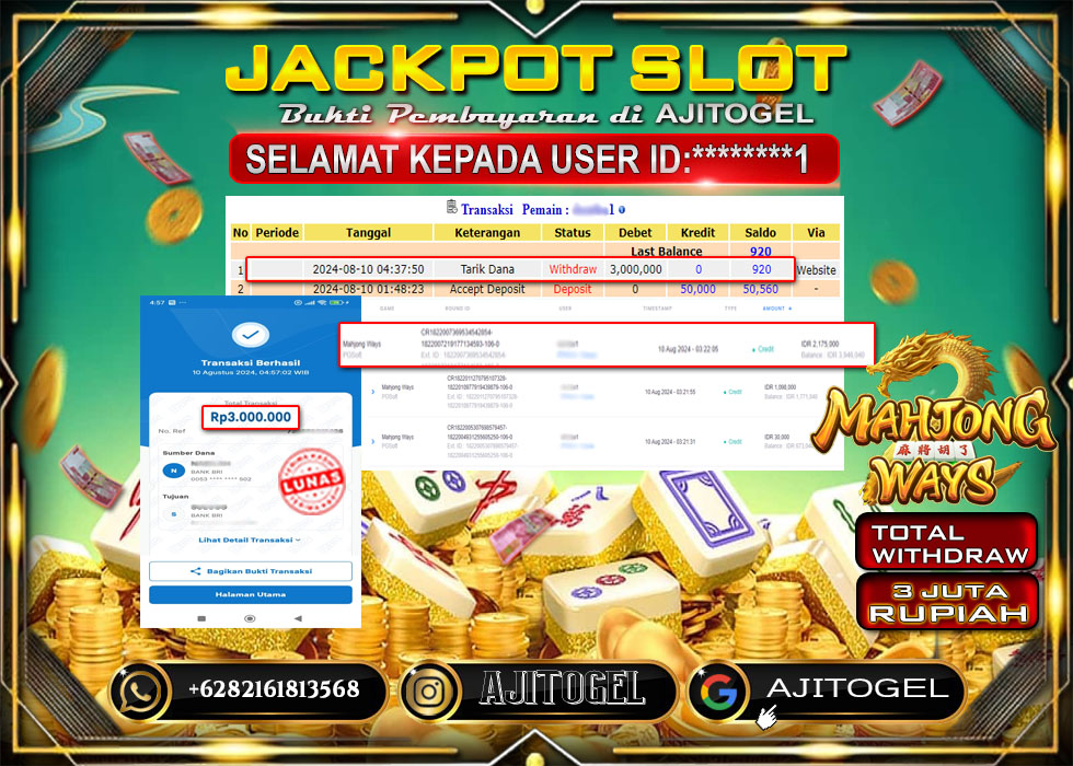 Bukti Bayar AJITOGEL Menang Slot Mahjong Ways 3 Juta (PG SOFT) -Lunas