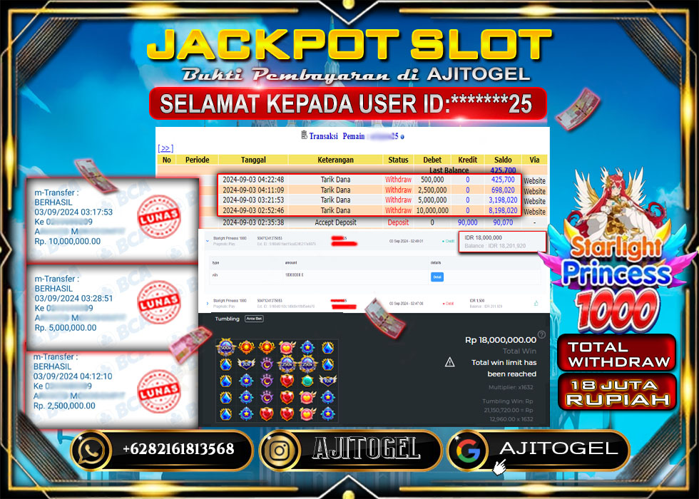 Bukti Bayar AJITOGEL Menang Slot STARLIGHT PRINCES1000 18Juta (Pragmatic Play) -Lunas