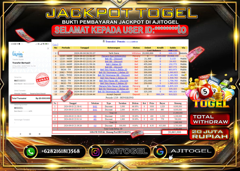 Bukti Bayar AJITOGEL Menang HONGKONG 20 JUTA (TOGEL) -Lunas