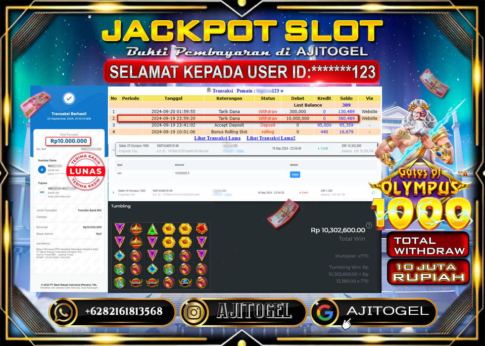 Bukti Bayar AJITOGEL Menang Slot GATES OF OLYMPUSH1000 10Juta (Pragmatic Play) -Lunas