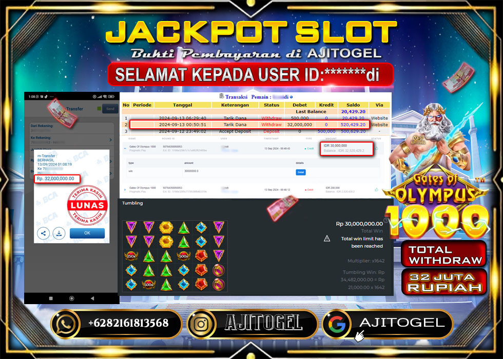 Bukti Bayar AJITOGEL Menang Slot GATES OF OLYMPUSH1000 32Juta (Pragmatic Play) -Lunas