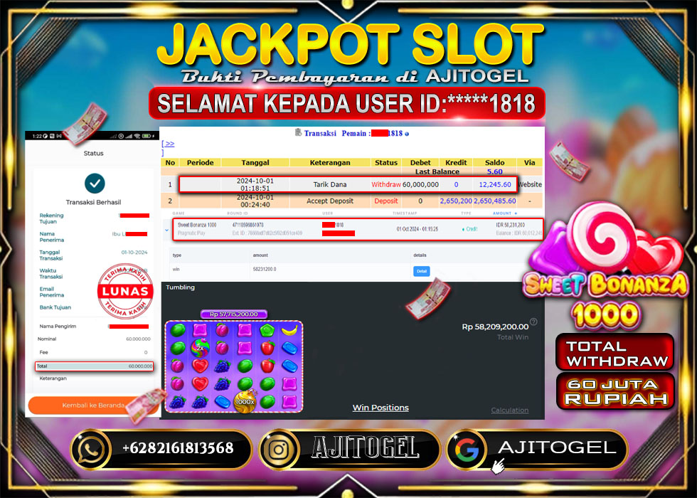 Bukti Bayar AJITOGEL Menang Slot Sweet Bonanza 1000 60Juta (Pragmatic Play) -Lunas