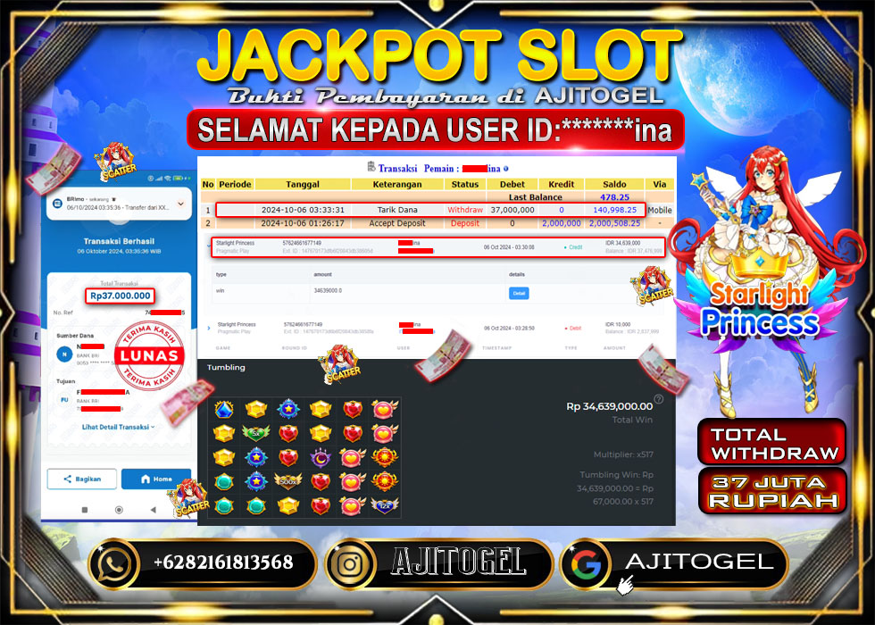 Bukti Bayar AJITOGEL Menang Slot Starlight Princess 37 Juta (Pragmatic Play) -Lunas