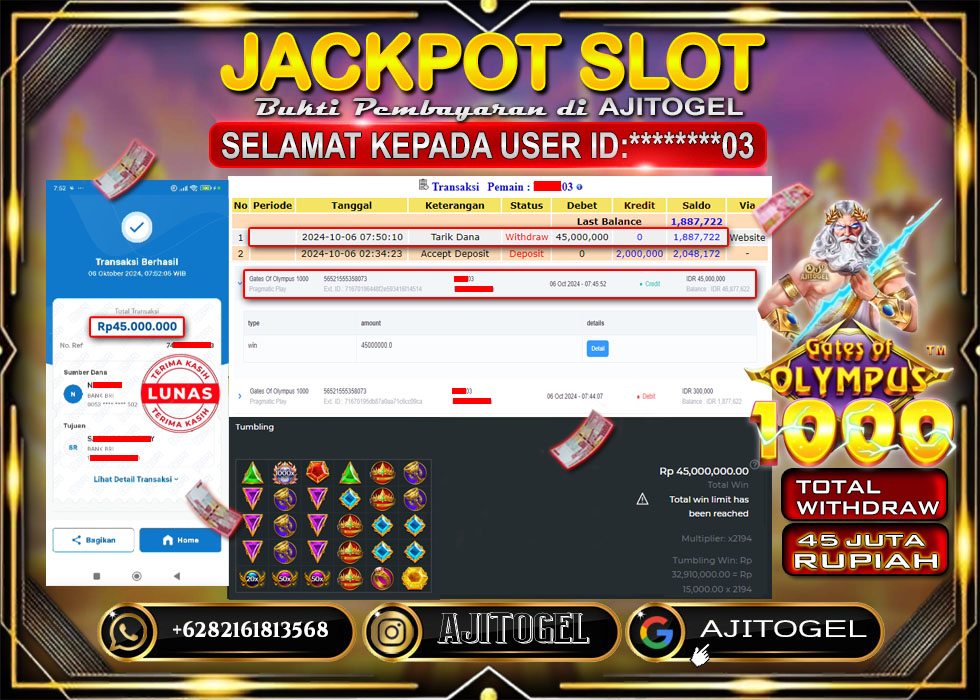 Bukti Bayar AJITOGEL Menang Slot GATES OF OLYMPUSH1000 45Juta (Pragmatic Play) -Lunas