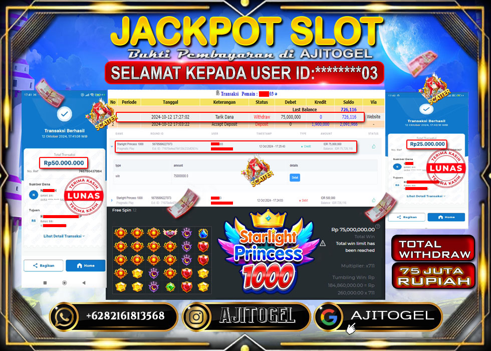 Bukti Bayar AJITOGEL Menang Slot Starlight Princess1000 75 Juta (Pragmatic Play) -Lunas