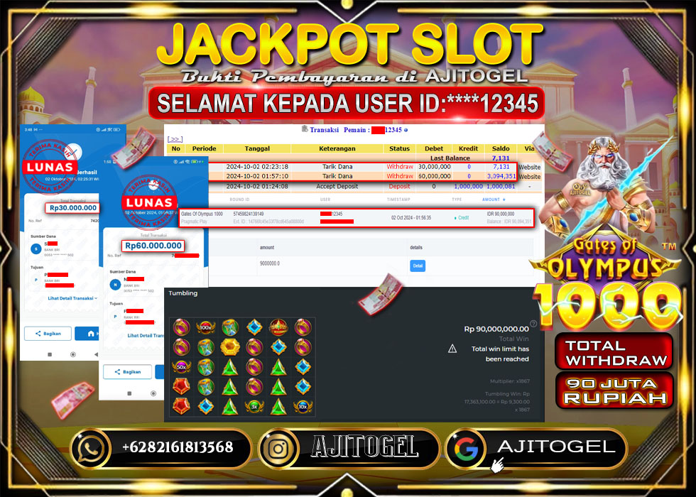 Bukti Bayar AJITOGEL Menang Slot GATES OF OLYMPUSH1000 90Juta (Pragmatic Play) -Lunas