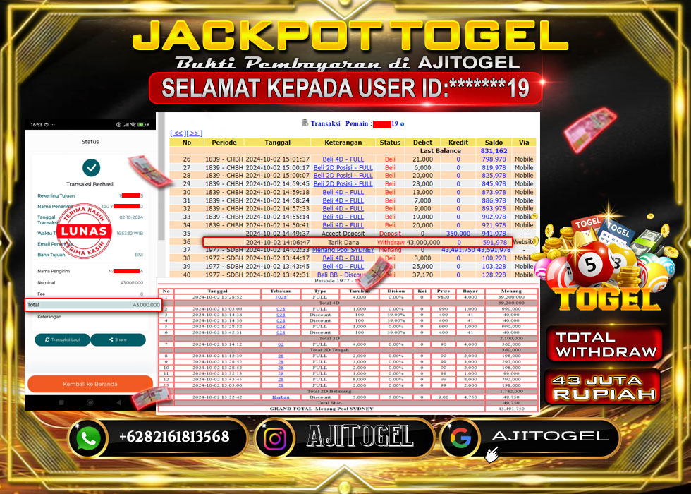 Bukti Bayar AJITOGEL Menang TOGEL SYDNEY 43 JUTA (TOGEL) -Lunas