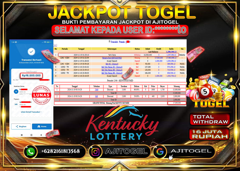 Bukti Bayar AJITOGEL Menang TOGEL KENTUCKYMID 17 JUTA (TOGEL) -Lunas