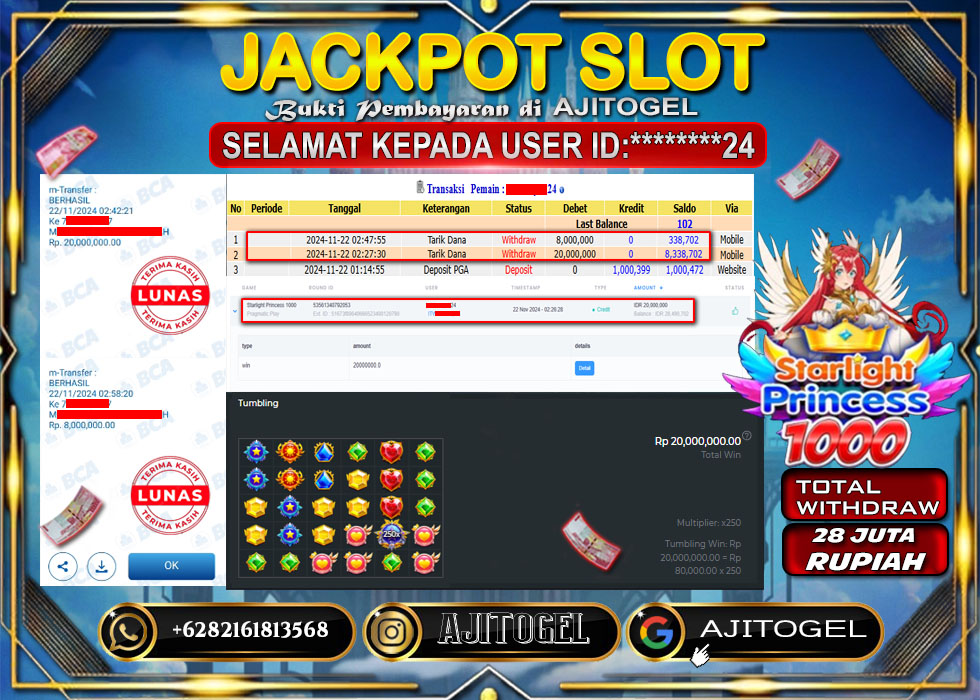 Bukti Bayar AJITOGEL Menang Slot Starlight Princess1000 28 Juta (Pragmatic Play) -Lunas