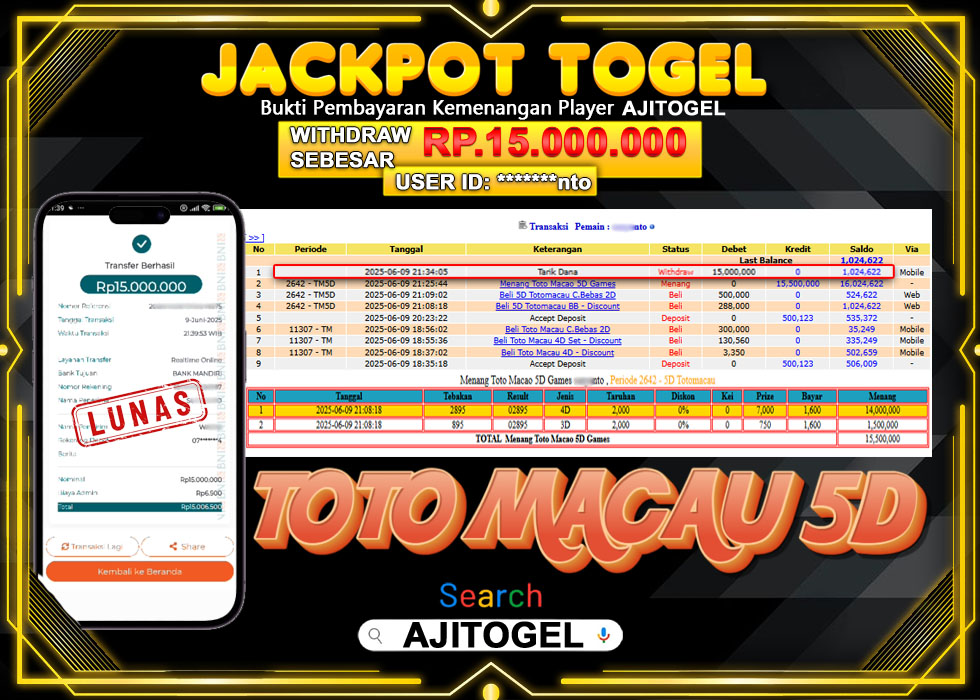 Bukti Bayar AJITOGEL Menang TOTO MACAU 5D 15 JUTA (TOGEL) -Lunas