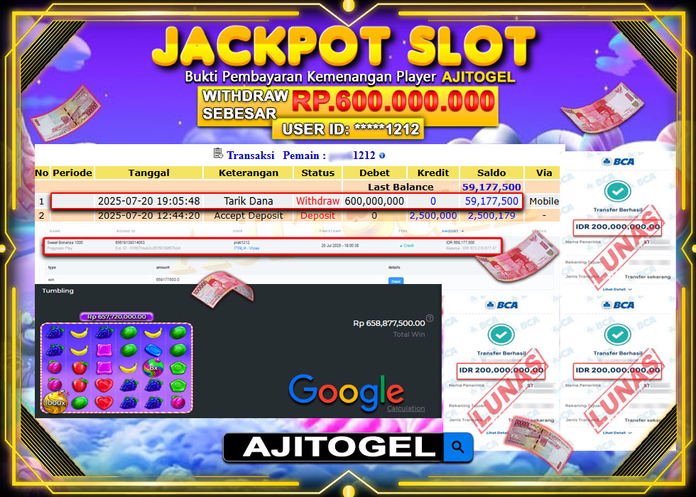 Bukti Bayar AJITOGEL Menang Slot Sweet Bonanza1000 600 Juta (Pragmatic Play) -Lunas