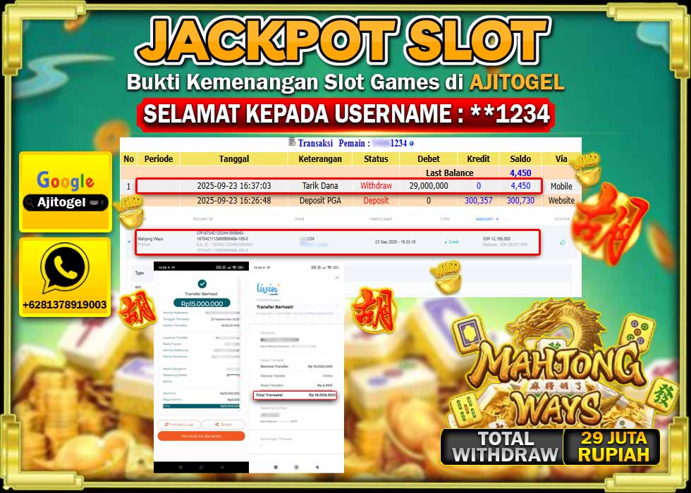 Bukti Bayar AJITOGEL Menang Slot Mahjong Ways 29 Juta (PG SOFT) -Lunas