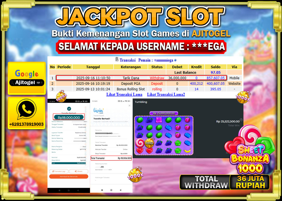 Bukti Bayar AJITOGEL Menang Slot Sweet Bonanza1000 36 Juta (Pragmatic Play) -Lunas